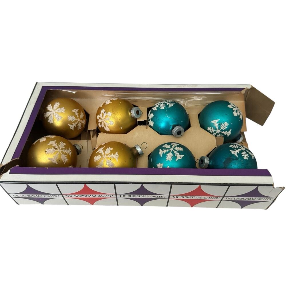 Vintage Stenciled Glass Christmas Bulb Ornaments Made in USA 8 Multi Color